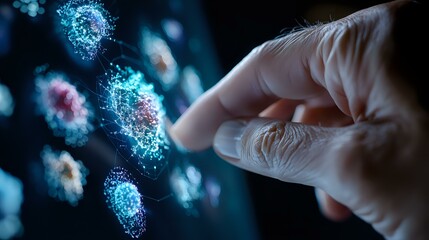 Poster - Finger pointing at glowing blue virus cell visualization on dark background, medical science concept for healthcare research and viral disease studies.