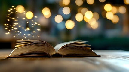 Poster - Open book with magical glowing sparkles floating above pages against blurred golden bokeh lights background, creating dreamy atmospheric scene on wooden surface.