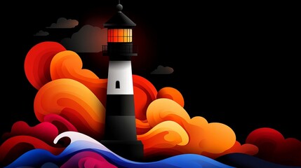Aufkleber - lighthouse shines brightly amidst colorful abstract waves and clouds against a stark black backgroun