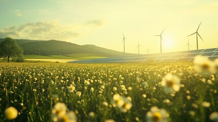 Fototapete - A field with wind turbines. Wind turbines on a farm with solar panels. Green development is a sustainable landscape energy. A landscape containing wind lifestyle turbines.
