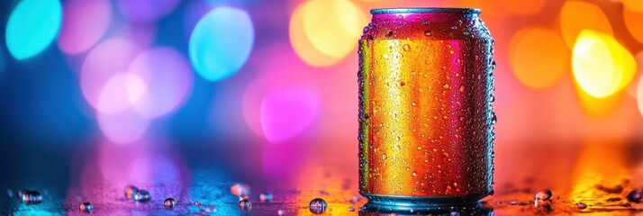Poster - Classic soda can with condensation against a colorful background reflecting bold hues and high contrast, showcasing a refreshing drink experience