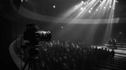 Fototapete - Camera is set up in front of crowd. Live broadcast of a live camera. A video of a stage is streaming. A camera is positioned in front lifestyle of an audience.