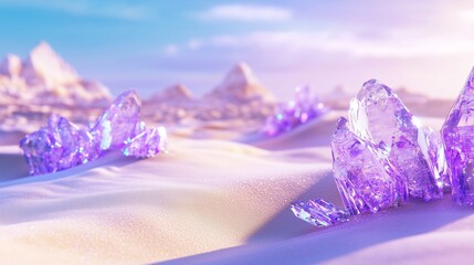 Fototapete - Purple crystals on the desert. Fantasy landscape with sandy glaciers. Concept art of purple crystals. Violet gems scattered across the desert lifestyle.