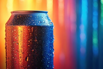Poster - Classic soda can with condensation against vibrant colorful background creating high contrast reflections
