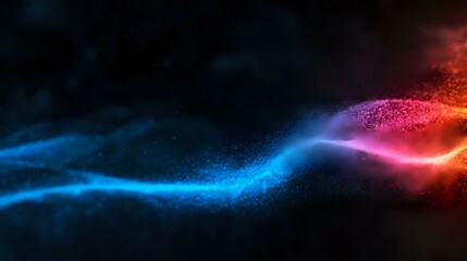 Poster - Glowing abstract wave with particles flowing from blue to red orange colors against dark background, creating dynamic light motion effect.