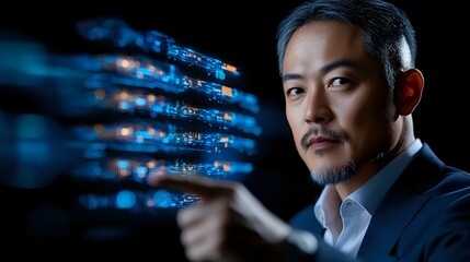 Poster - Asian businessman in dark suit examining glowing blue digital data streams, dramatic lighting creates futuristic atmosphere for technology and innovation concepts.