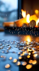 Poster - Raindrops falling on wet surface with golden bokeh lights creating magical atmosphere. Reflections of warm evening lights sparkle through water drops on dark background.