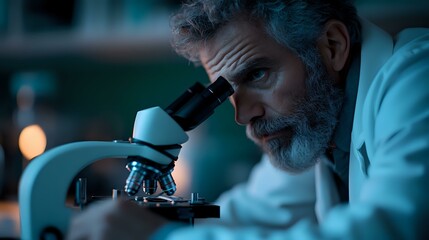 Poster - Mature bearded male scientist in white coat examining specimen through microscope in dark laboratory with dramatic blue lighting. Medical research concept.