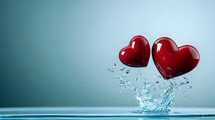 Poster - Two glossy red hearts splashing out of water against turquoise background, creating dynamic water drops effect. Romantic concept for Valentine's day and love themes.
