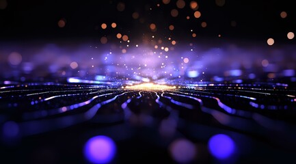 Poster - Glowing purple and gold particles radiating from central light burst with bokeh effect on dark background, creating magical atmospheric depth for design projects.