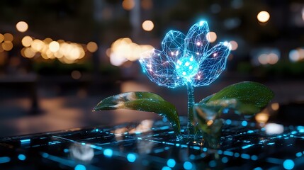 Poster - Glowing blue digital flower emerges from circuit board with bokeh lights in background, combining nature and technology in futuristic cyberpunk style.