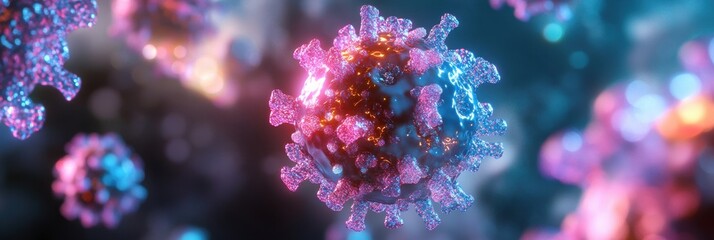Leinwandbilder - Detailed visualization of adeno-associated virus with symmetrical patterns and glowing biofluid in a macro setting