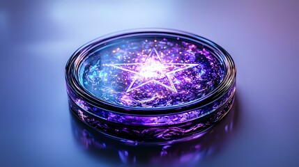 Poster - Glowing magical star in glass bowl with swirling purple and blue ethereal light effects against dark background, mystical cosmic energy concept.