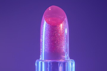 Poster - Glowing pink lipstick macro shot with sparkles and glitter particles on purple background, illuminated by neon lights creating dreamy cosmetic atmosphere.