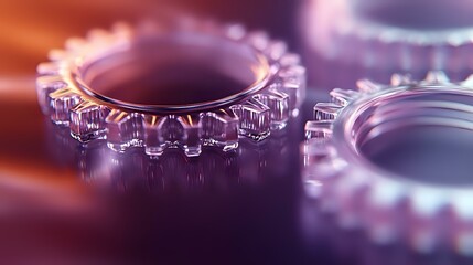 Poster - Metallic gears with soft purple and orange lighting effects create depth and atmosphere in macro photography, highlighting industrial mechanical components.