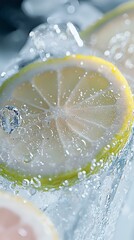 Poster - Fresh lemon slice splashing in crystal clear water with sparkling droplets and bubbles creating refreshing summer drink atmosphere.