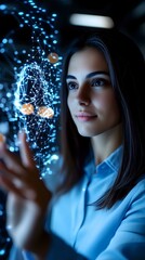 Poster - Young woman interacting with glowing blue holographic network visualization, wearing light blue shirt. Dark-haired female exploring digital technology interface.