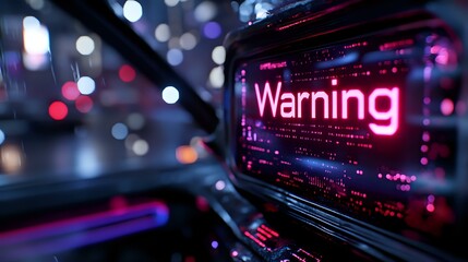 Poster - Glowing red warning text displayed on digital screen with bokeh lights background creates dramatic cybersecurity or alert concept for technology designs.
