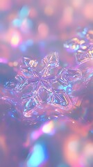 Poster - Crystal snowflake macro with soft pink and blue bokeh background creates magical winter atmosphere. Delicate frozen pattern glows with iridescent light.
