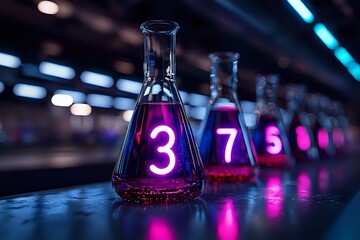 Poster - Laboratory glassware with glowing pink numbers arranged in sequence, containing luminescent liquid on dark background with blue lights creating scientific atmosphere.