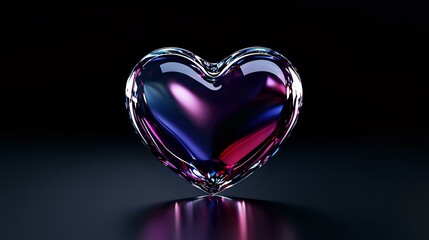 Poster - Glossy glass heart with purple and blue gradient colors reflecting light on dark background, romantic symbol floating with soft reflection beneath.