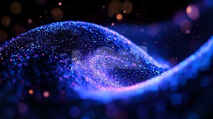 Poster - Glowing blue wave of sparkling particles flowing in dark space with bokeh effect creates magical atmosphere for abstract backgrounds and presentations.