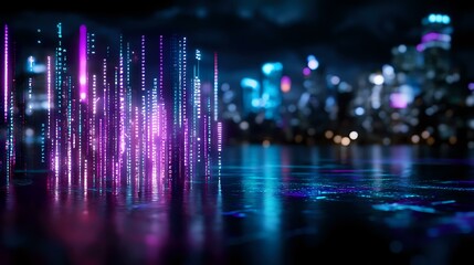 Poster - futuristic digital light streams in purple and blue colors against urban night skyline reflecting on