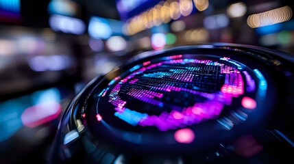 Poster - futuristic macro lens reflection with vibrant purple and blue bokeh lights creating dynamic technolo