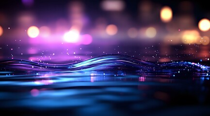 Poster - Abstract liquid wave surface with purple and blue glowing light effects, bokeh background creates magical atmosphere for luxury product presentation.