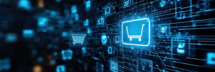 Aufkleber - Futuristic e-commerce digital landscape featuring floating shopping icons and neon blue cybernetic elements in a high-tech online marketplace
