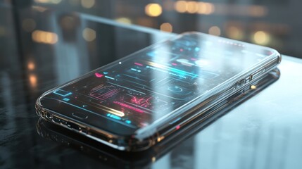 A futuristic transparent smartphone with a holographic display --ar 16:9 --v 6.1 Job ID: b8026c63-c196-4b29-b17f-6a82636c2879