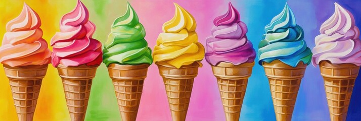 Aufkleber - Cheerful rainbow ice cream cones display vibrant flavors against a pastel background ideal for summertime enjoyment and sweet indulgence