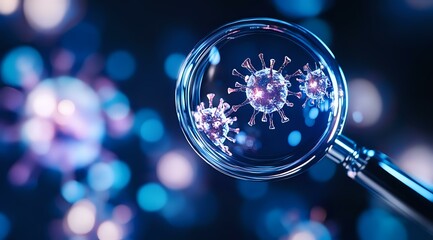 Poster - Magnifying glass revealing coronavirus cell structure on blue bokeh background, scientific research concept for medical and healthcare visualization purposes.