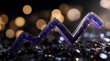 Poster - Glowing purple zigzag neon line on dark background with golden bokeh lights and sparkles creates modern abstract composition for nightlife and entertainment designs.