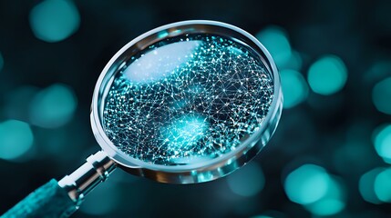 Poster - Magnifying glass revealing glowing network connections on dark background with turquoise bokeh lights, representing digital investigation and data analysis.