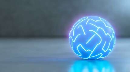 Poster - Glowing blue neon sphere with abstract linear pattern on dark background creates futuristic atmosphere. Mysterious light ball reflects on surface, adding depth and ambiance.