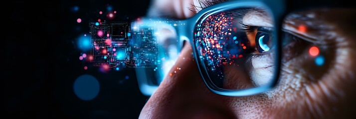 Poster - Close up view of eyeglasses reflecting digital technology particles and bokeh lights, focusing on innovative future concepts and digital transformation.
