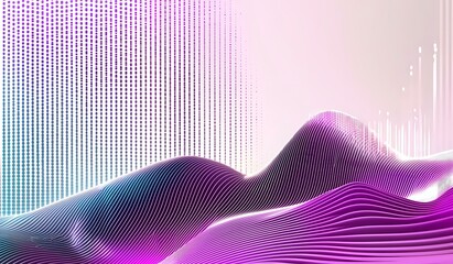 Poster - Abstract wavy lines forming dynamic curves and mountains in gradient purple and turquoise colors on light background, modern digital art visualization.