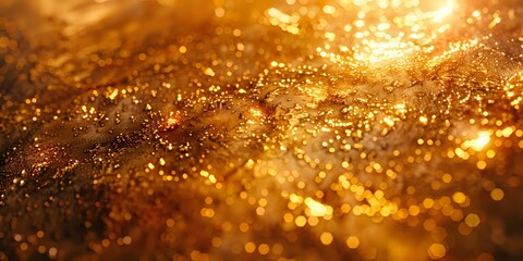 Poster - Glowing golden particles with blurred bokeh effect create magical atmosphere. Shimmering abstract background with warm amber light and sparkles for festive designs.