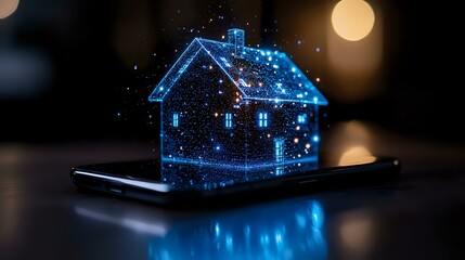 Poster - glowing holographic house model floating above smartphone screen with sparkles and bokeh lights in d