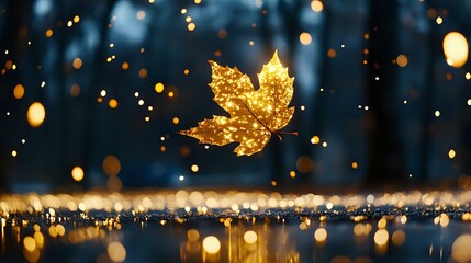 Poster - Magical golden maple leaf floating with glowing bokeh lights against dark blue background, sparkling reflections on water surface create dreamy autumn atmosphere.