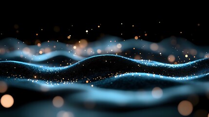 Poster - Glowing blue waves with bokeh light effects on dark background create magical atmosphere. Abstract flowing energy lines with sparkles and particles.