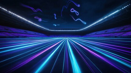 Wall Mural - An empty stadium at night, glowing with electric blue and purple light streams weaving through the seats. Floating luminous particles move in abstract loops, 
