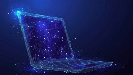 Poster - Low Poly Polygonal Laptop Illustration with Starry Sky Concept, Digital Technology Symbol, Minimalist Vector Art