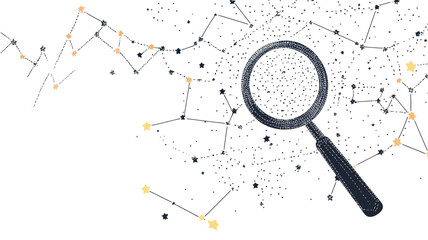 Poster - abstract vector image of magnifying glass exploring starry sky constellations comparison and analysi