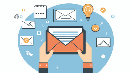 Poster - Flat Vector Illustration of Email Marketing Concepts with Icons Like Envelope, Light Bulb, Data Charts, and Hands - Ideal for Business Campaigns and Digital Strategies