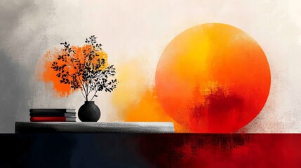 Aufkleber - stylized still life features a vase of branches beside books and an orange circle against an abstrac