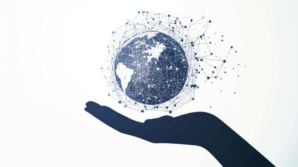 Poster - Abstract Polygonal Planet Earth in the Palm of Hand on White Background, Low Poly Network Globe, Technological and Environmental Concept, Minimalist Flat SVG Vector Illustration