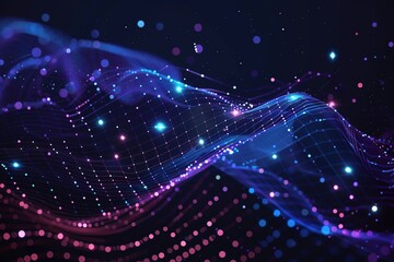 Poster - Abstract digital landscape with neon lights and geometric grid pattern technology