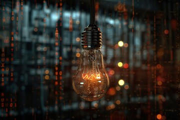Poster - Glowing Filament: A Lightbulb Shining Brightly with Digital Background Effects